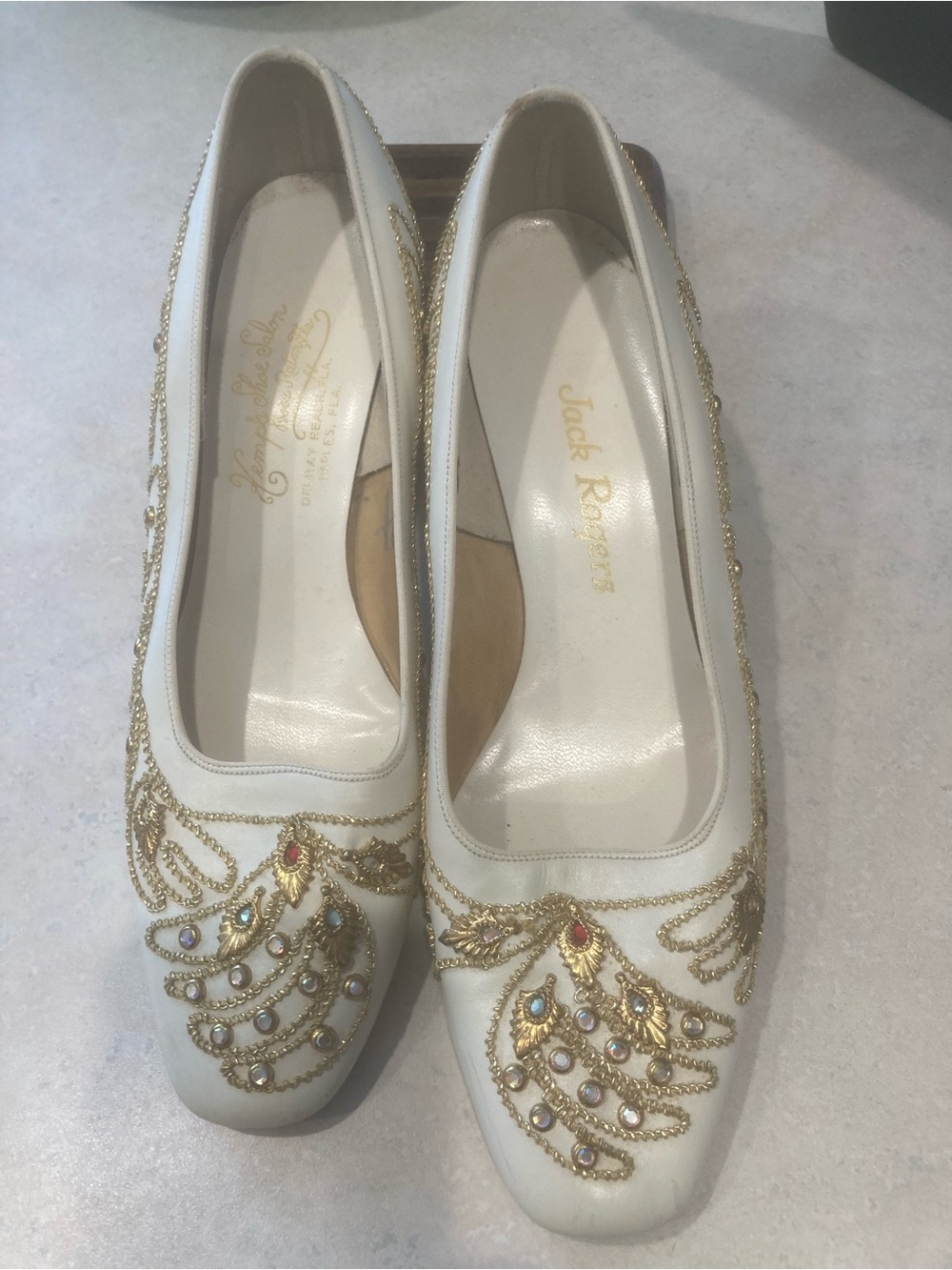 Vintage Jack Rogers White Embellished Flats with Gold and Crystals